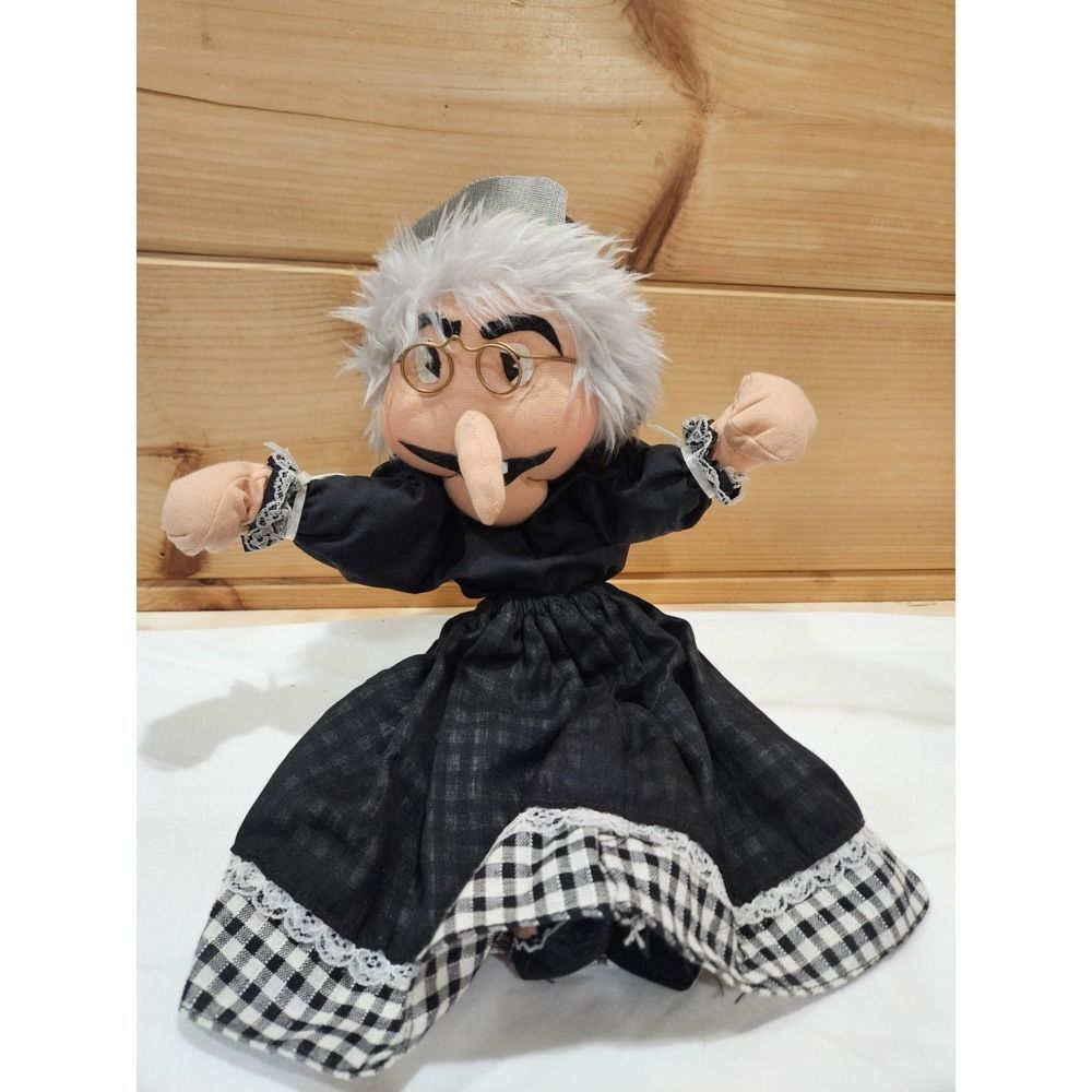 Vintage Handmade Witch Hand Puppet Doll Black Plaid Halloween Folk Art Decor